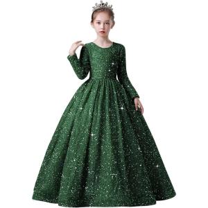 imageLong Sleeve Sequin Pageant Dress Sparkly Flower Girl Dresses for Wedding Prom Kids Princess Ball GownPeacock