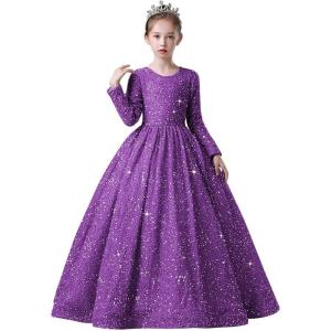 imageLong Sleeve Sequin Pageant Dress Sparkly Flower Girl Dresses for Wedding Prom Kids Princess Ball GownPurple
