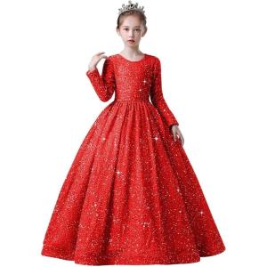 imageLong Sleeve Sequin Pageant Dress Sparkly Flower Girl Dresses for Wedding Prom Kids Princess Ball GownRed