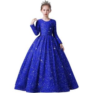 imageLong Sleeve Sequin Pageant Dress Sparkly Flower Girl Dresses for Wedding Prom Kids Princess Ball GownRoyal Blue