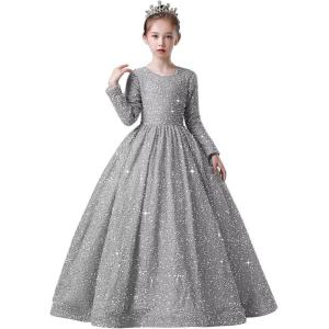 imageLong Sleeve Sequin Pageant Dress Sparkly Flower Girl Dresses for Wedding Prom Kids Princess Ball GownSilver