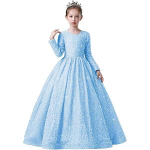 imageLong Sleeve Sequin Pageant Dress Sparkly Flower Girl Dresses for Wedding Prom Kids Princess Ball GownSky Blue