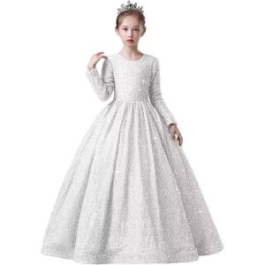 imageLong Sleeve Sequin Pageant Dress Sparkly Flower Girl Dresses for Wedding Prom Kids Princess Ball GownWhite