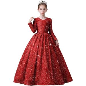 imageLong Sleeve Sequin Pageant Dress Sparkly Flower Girl Dresses for Wedding Prom Kids Princess Ball GownWine Red