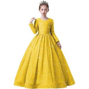 imageLong Sleeve Sequin Pageant Dress Sparkly Flower Girl Dresses for Wedding Prom Kids Princess Ball GownYellow