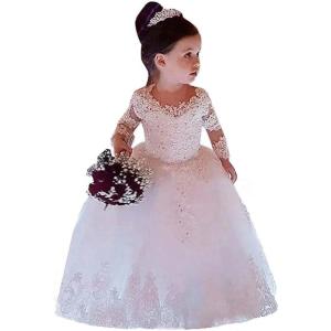 imageLong Sleeves Ball Gown Lace Pagent Flower Girl Dress for Wedding Party Dresses Kids Princess Communion DressIvory