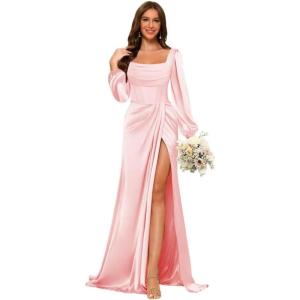 imageLong Sleeves Satin Bridesmaid Dresses Long for Women Scoop Neck Mermaid Formal Dresses Ruched Maxi Dress with SlitBlush