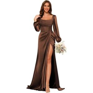 imageLong Sleeves Satin Bridesmaid Dresses Long for Women Scoop Neck Mermaid Formal Dresses Ruched Maxi Dress with SlitBrown