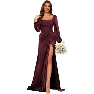 imageLong Sleeves Satin Bridesmaid Dresses Long for Women Scoop Neck Mermaid Formal Dresses Ruched Maxi Dress with SlitBurgundy