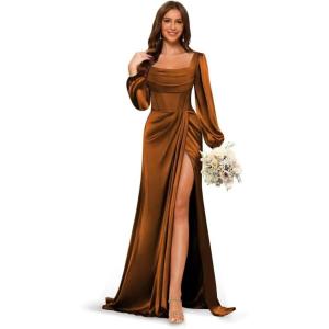 imageLong Sleeves Satin Bridesmaid Dresses Long for Women Scoop Neck Mermaid Formal Dresses Ruched Maxi Dress with SlitBurnt Orange