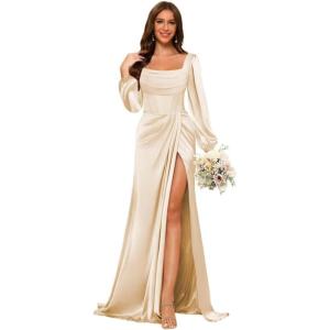 imageLong Sleeves Satin Bridesmaid Dresses Long for Women Scoop Neck Mermaid Formal Dresses Ruched Maxi Dress with SlitChampagne