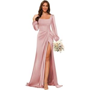 imageLong Sleeves Satin Bridesmaid Dresses Long for Women Scoop Neck Mermaid Formal Dresses Ruched Maxi Dress with SlitDusty Rose