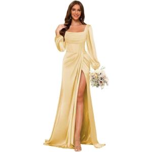 imageLong Sleeves Satin Bridesmaid Dresses Long for Women Scoop Neck Mermaid Formal Dresses Ruched Maxi Dress with SlitGold