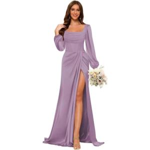 imageLong Sleeves Satin Bridesmaid Dresses Long for Women Scoop Neck Mermaid Formal Dresses Ruched Maxi Dress with SlitMauve