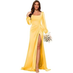 imageLong Sleeves Satin Bridesmaid Dresses Long for Women Scoop Neck Mermaid Formal Dresses Ruched Maxi Dress with SlitMustard
