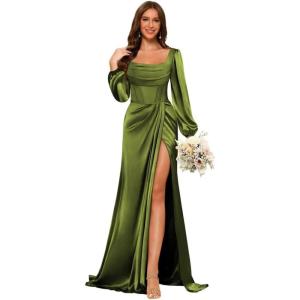 imageLong Sleeves Satin Bridesmaid Dresses Long for Women Scoop Neck Mermaid Formal Dresses Ruched Maxi Dress with SlitOlive