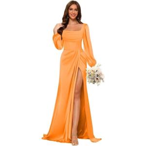 imageLong Sleeves Satin Bridesmaid Dresses Long for Women Scoop Neck Mermaid Formal Dresses Ruched Maxi Dress with SlitOrange