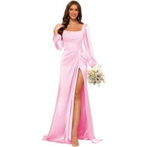 imageLong Sleeves Satin Bridesmaid Dresses Long for Women Scoop Neck Mermaid Formal Dresses Ruched Maxi Dress with SlitPink