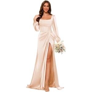 imageLong Sleeves Satin Bridesmaid Dresses Long for Women Scoop Neck Mermaid Formal Dresses Ruched Maxi Dress with SlitRose Gold