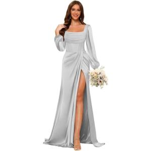 imageLong Sleeves Satin Bridesmaid Dresses Long for Women Scoop Neck Mermaid Formal Dresses Ruched Maxi Dress with SlitSilver