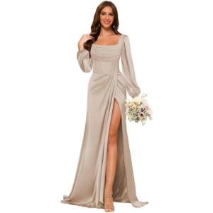 imageLong Sleeves Satin Bridesmaid Dresses Long for Women Scoop Neck Mermaid Formal Dresses Ruched Maxi Dress with SlitTaupe