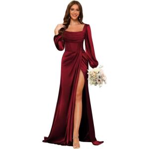 imageLong Sleeves Satin Bridesmaid Dresses Long for Women Scoop Neck Mermaid Formal Dresses Ruched Maxi Dress with SlitWine Red