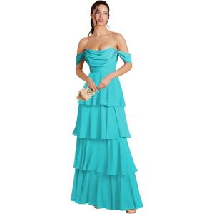 imageOff Shoulder Chiffon Bridesmaid Dresses Long for Women Tiered Ruffles A Line Formal Evening DressAqua