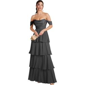 imageOff Shoulder Chiffon Bridesmaid Dresses Long for Women Tiered Ruffles A Line Formal Evening DressBlack