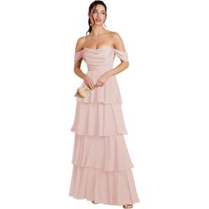 imageOff Shoulder Chiffon Bridesmaid Dresses Long for Women Tiered Ruffles A Line Formal Evening DressBlush
