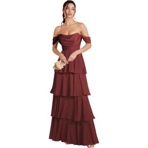 imageOff Shoulder Chiffon Bridesmaid Dresses Long for Women Tiered Ruffles A Line Formal Evening DressBurgundy