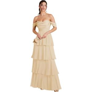 imageOff Shoulder Chiffon Bridesmaid Dresses Long for Women Tiered Ruffles A Line Formal Evening DressChampagne