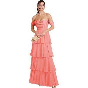 imageOff Shoulder Chiffon Bridesmaid Dresses Long for Women Tiered Ruffles A Line Formal Evening DressCoral