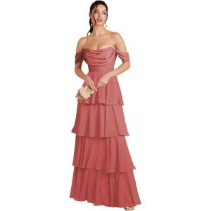 imageOff Shoulder Chiffon Bridesmaid Dresses Long for Women Tiered Ruffles A Line Formal Evening DressDesert Rose
