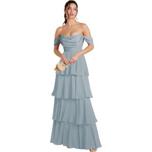 imageOff Shoulder Chiffon Bridesmaid Dresses Long for Women Tiered Ruffles A Line Formal Evening DressDusty Blue