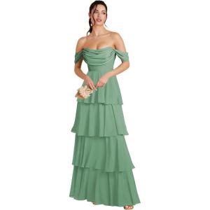 imageOff Shoulder Chiffon Bridesmaid Dresses Long for Women Tiered Ruffles A Line Formal Evening DressEucalyptus