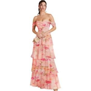 imageOff Shoulder Chiffon Bridesmaid Dresses Long for Women Tiered Ruffles A Line Formal Evening DressFloral Coral
