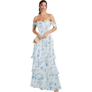 imageOff Shoulder Chiffon Bridesmaid Dresses Long for Women Tiered Ruffles A Line Formal Evening DressFloral Light Blue