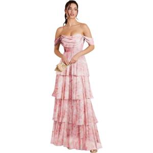 imageOff Shoulder Chiffon Bridesmaid Dresses Long for Women Tiered Ruffles A Line Formal Evening DressFloral Pink