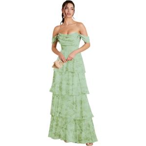 imageOff Shoulder Chiffon Bridesmaid Dresses Long for Women Tiered Ruffles A Line Formal Evening DressFloral Sage