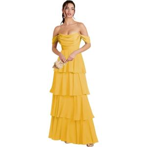 imageOff Shoulder Chiffon Bridesmaid Dresses Long for Women Tiered Ruffles A Line Formal Evening DressGold