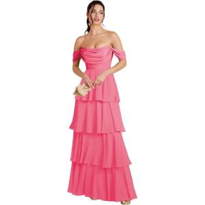 imageOff Shoulder Chiffon Bridesmaid Dresses Long for Women Tiered Ruffles A Line Formal Evening DressHot Pink
