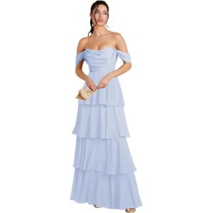 imageOff Shoulder Chiffon Bridesmaid Dresses Long for Women Tiered Ruffles A Line Formal Evening DressLavender