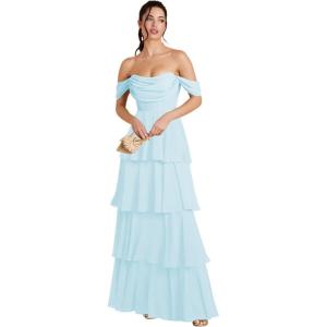 imageOff Shoulder Chiffon Bridesmaid Dresses Long for Women Tiered Ruffles A Line Formal Evening DressLight Blue
