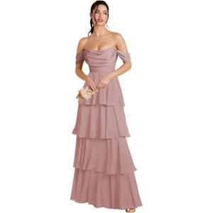 imageOff Shoulder Chiffon Bridesmaid Dresses Long for Women Tiered Ruffles A Line Formal Evening DressMauve