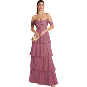 imageOff Shoulder Chiffon Bridesmaid Dresses Long for Women Tiered Ruffles A Line Formal Evening DressMulberry
