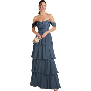 imageOff Shoulder Chiffon Bridesmaid Dresses Long for Women Tiered Ruffles A Line Formal Evening DressNavy Blue