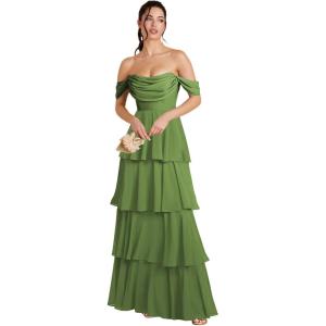 imageOff Shoulder Chiffon Bridesmaid Dresses Long for Women Tiered Ruffles A Line Formal Evening DressOlive