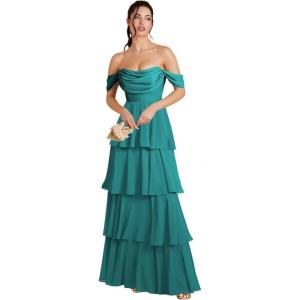 imageOff Shoulder Chiffon Bridesmaid Dresses Long for Women Tiered Ruffles A Line Formal Evening DressPeacock