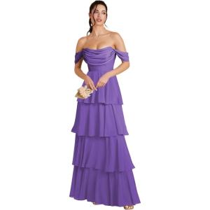 imageOff Shoulder Chiffon Bridesmaid Dresses Long for Women Tiered Ruffles A Line Formal Evening DressPurple