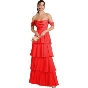 imageOff Shoulder Chiffon Bridesmaid Dresses Long for Women Tiered Ruffles A Line Formal Evening DressRed